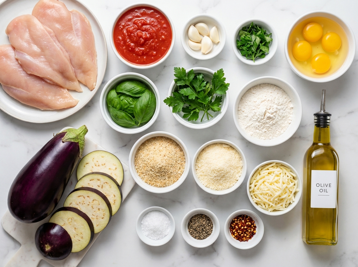 Ingredients for chicken and eggplant Parmesan with marinara and cheeses