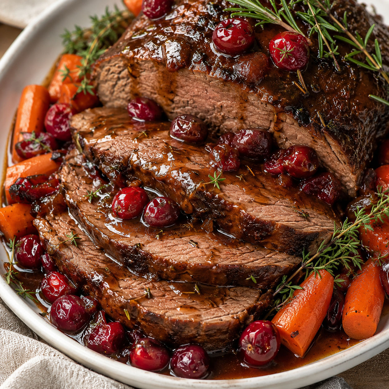 Cranberry balsamic roast beef with herbs and glossy sauce