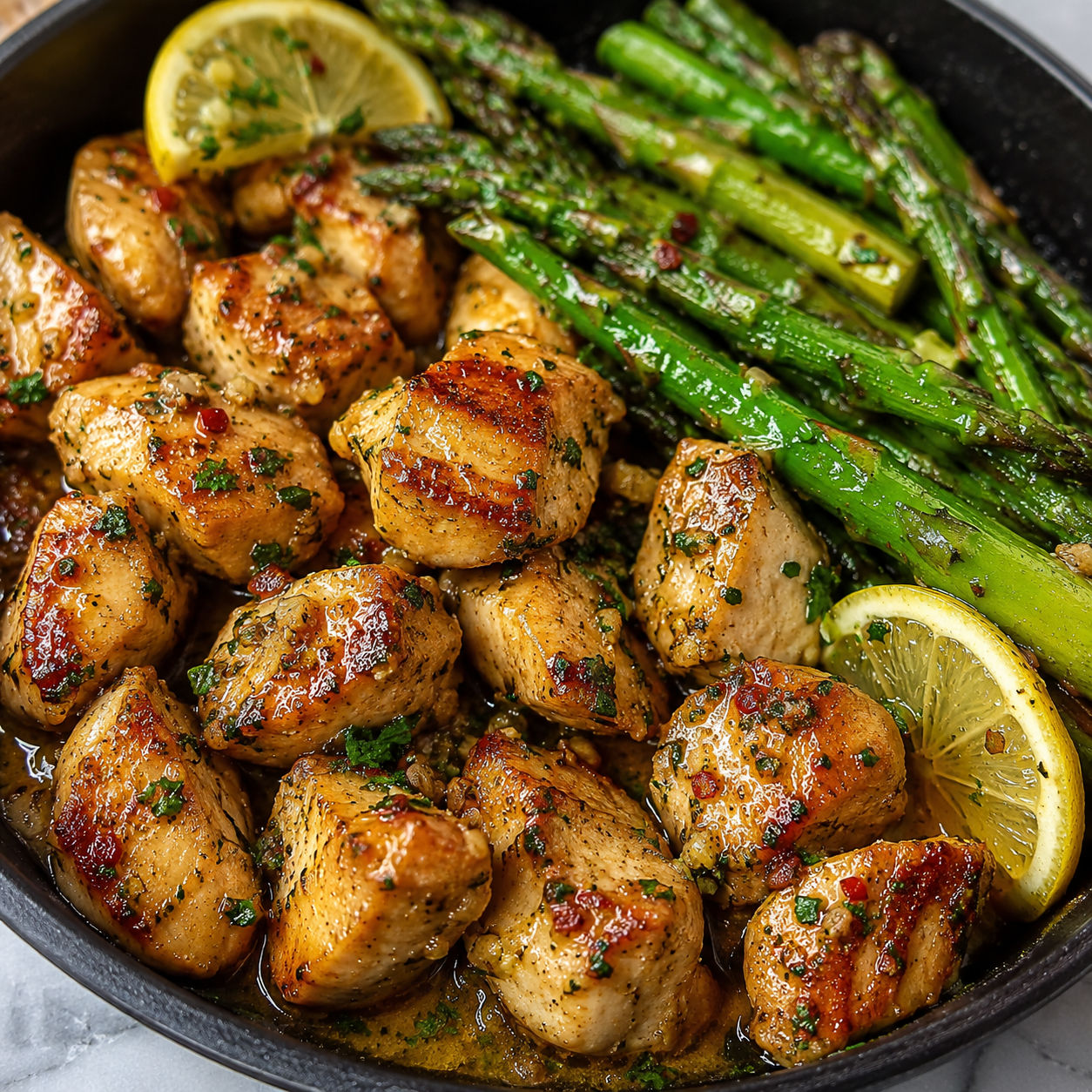 Garlic butter chicken bites with asparagus, lemon, and parsley in a skillet