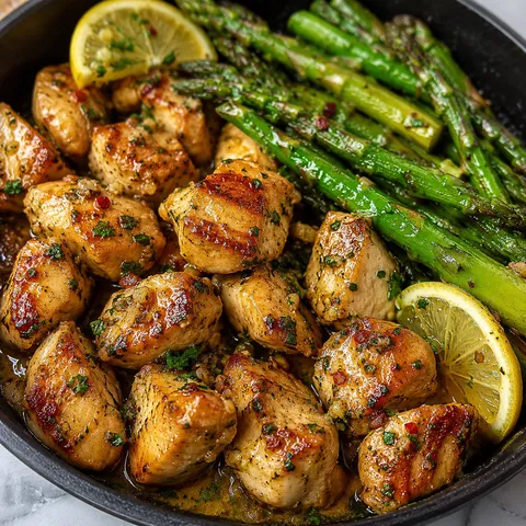 Garlic butter chicken bites with asparagus, lemon, and parsley in a skillet