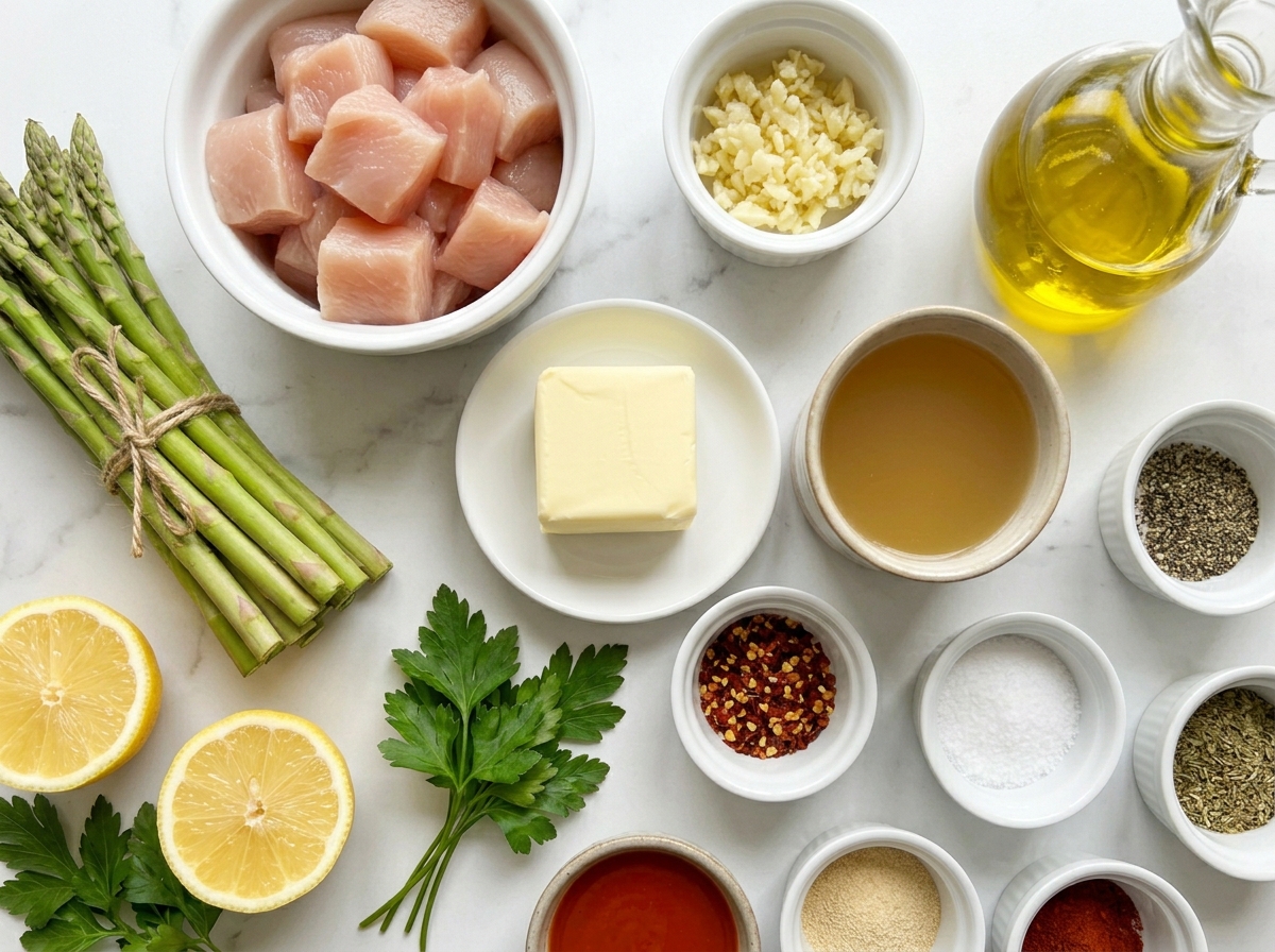 Raw chicken, asparagus, garlic, butter, lemon, herbs, and seasonings