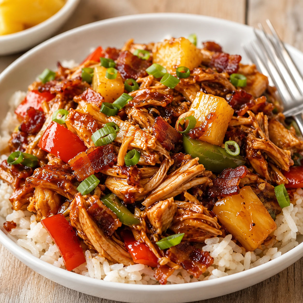 Hawaiian chicken with pineapple, bacon, peppers, and rice in a bowl
