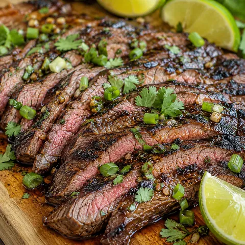 Sliced marinated flank steak with lime, cilantro, and green onions