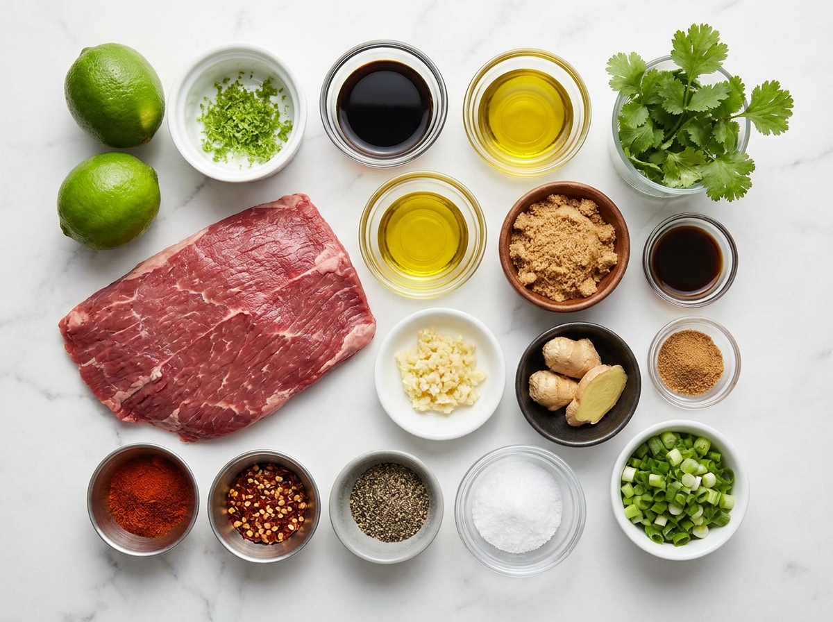 Raw flank steak with lime, garlic, ginger, soy sauce, and herbs