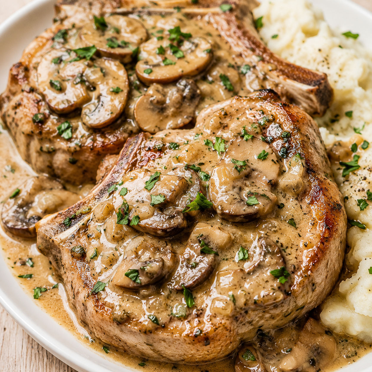 Pork chops in creamy mushroom herb gravy with parsley