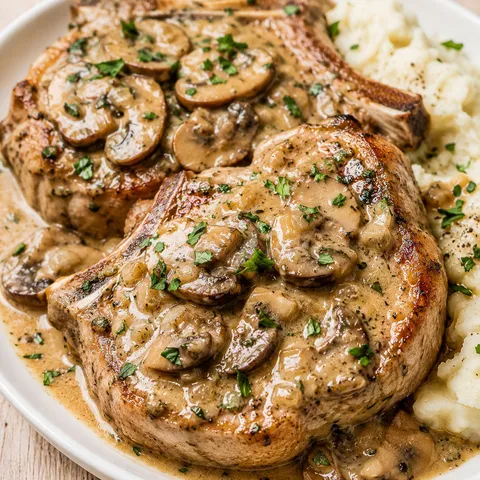 Pork chops in creamy mushroom herb gravy with parsley
