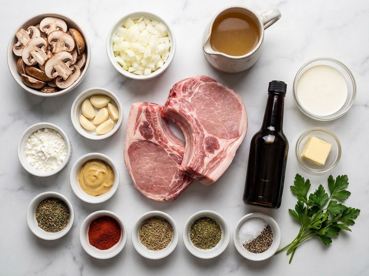 Raw pork chops, mushrooms, herbs, cream, and broth on a wooden surface