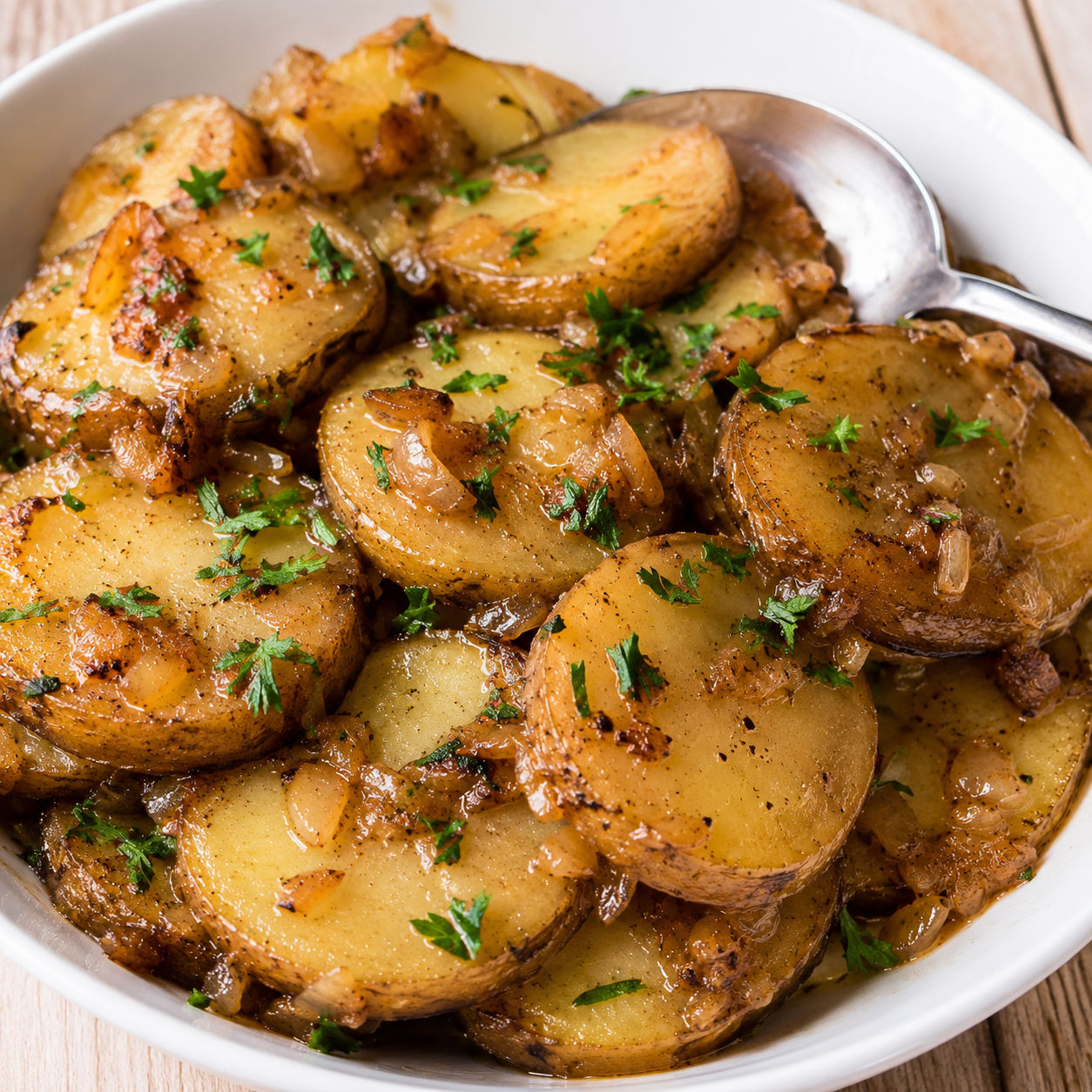 Tender onion soup mix potatoes with parsley in a white bowl