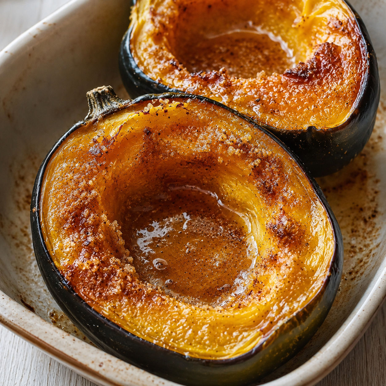 Roasted acorn squash with brown sugar, cinnamon, and glossy butter