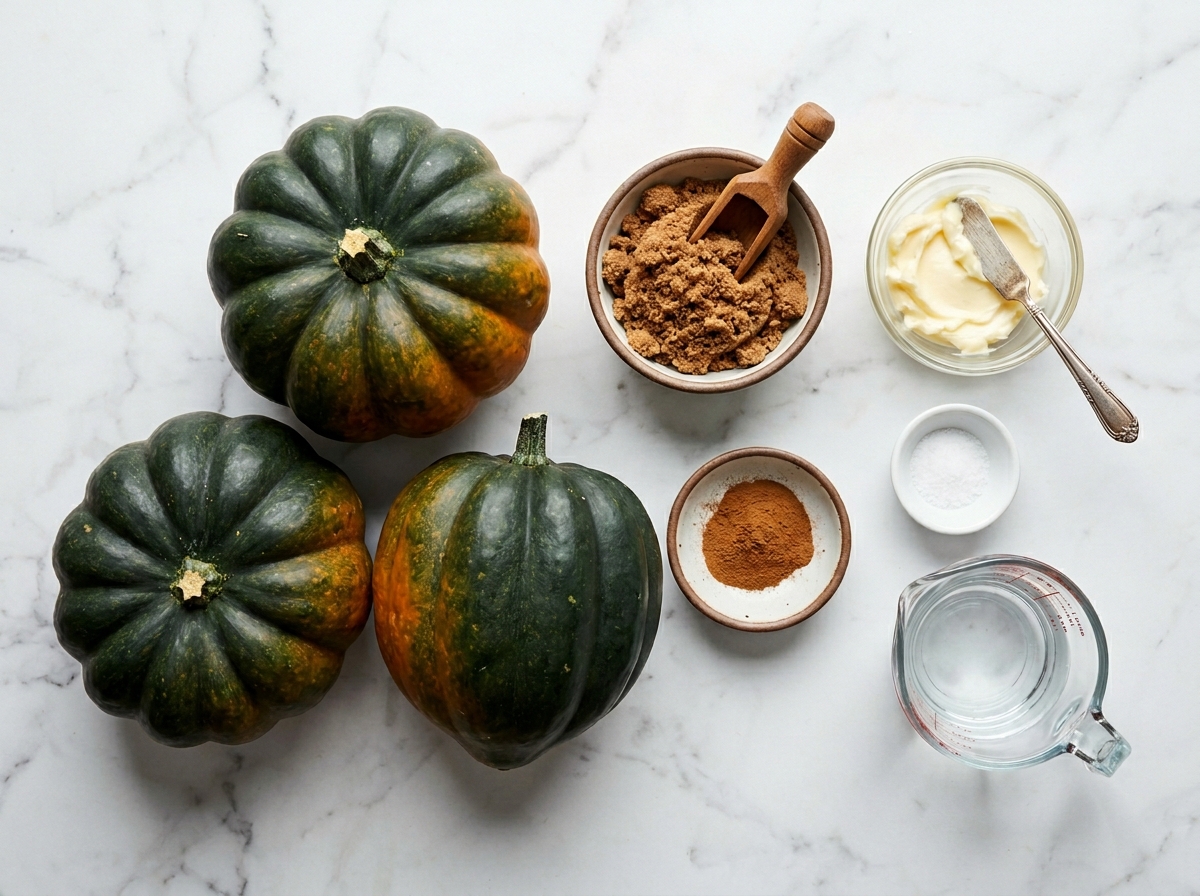 Acorn squash, brown sugar, butter, cinnamon, salt, and water on a table