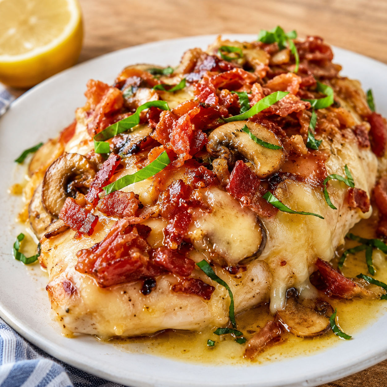 Tender Rosa Maria chicken with fontina, mushrooms, prosciutto, and basil