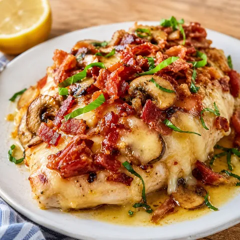 Tender Rosa Maria chicken with fontina, mushrooms, prosciutto, and basil