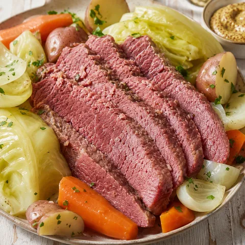 Slow cooker corned beef with cabbage, potatoes, carrots, and mustard