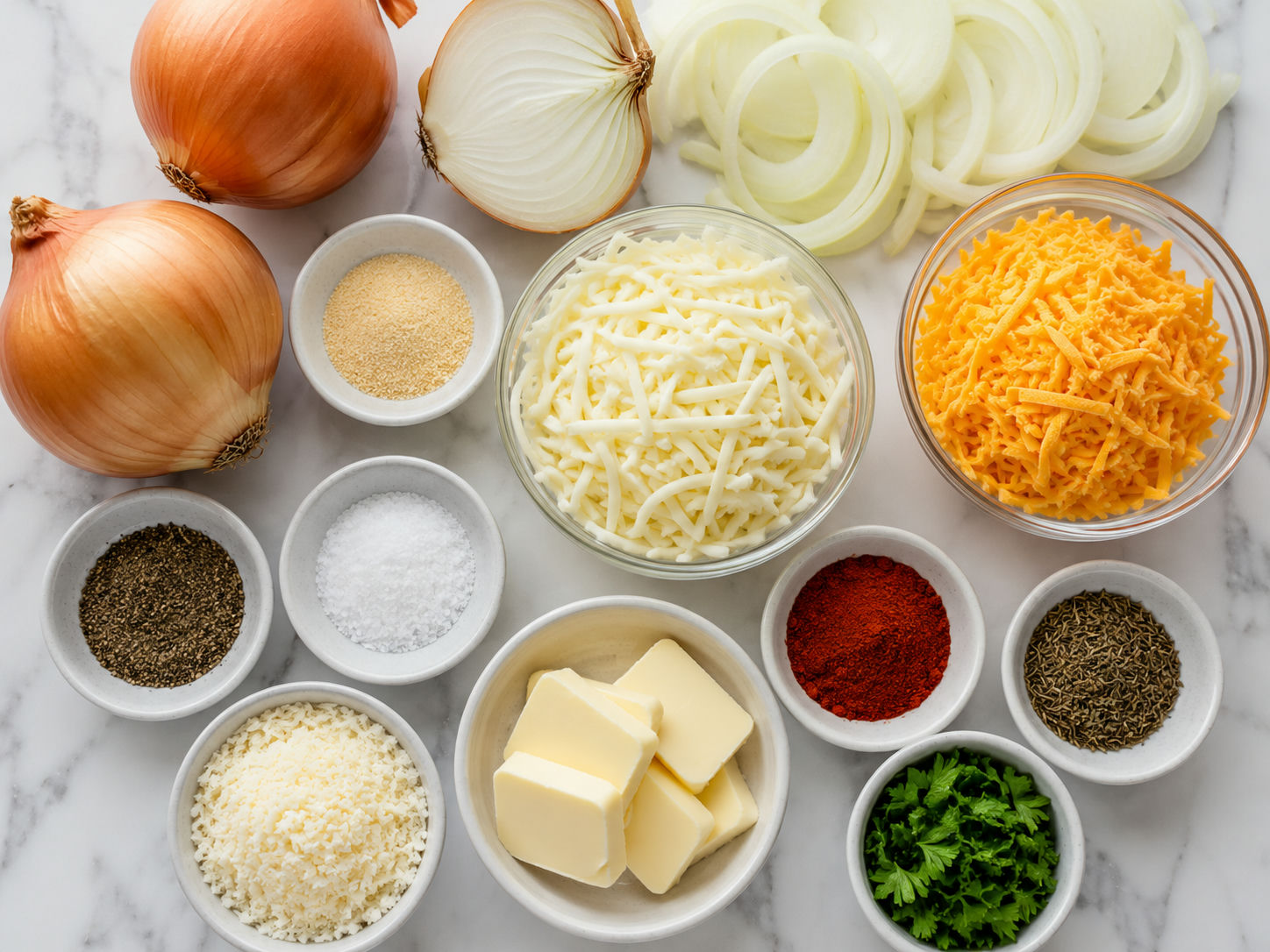 Sweet onions, butter, cheeses, spices, and parsley for Tennessee Onions