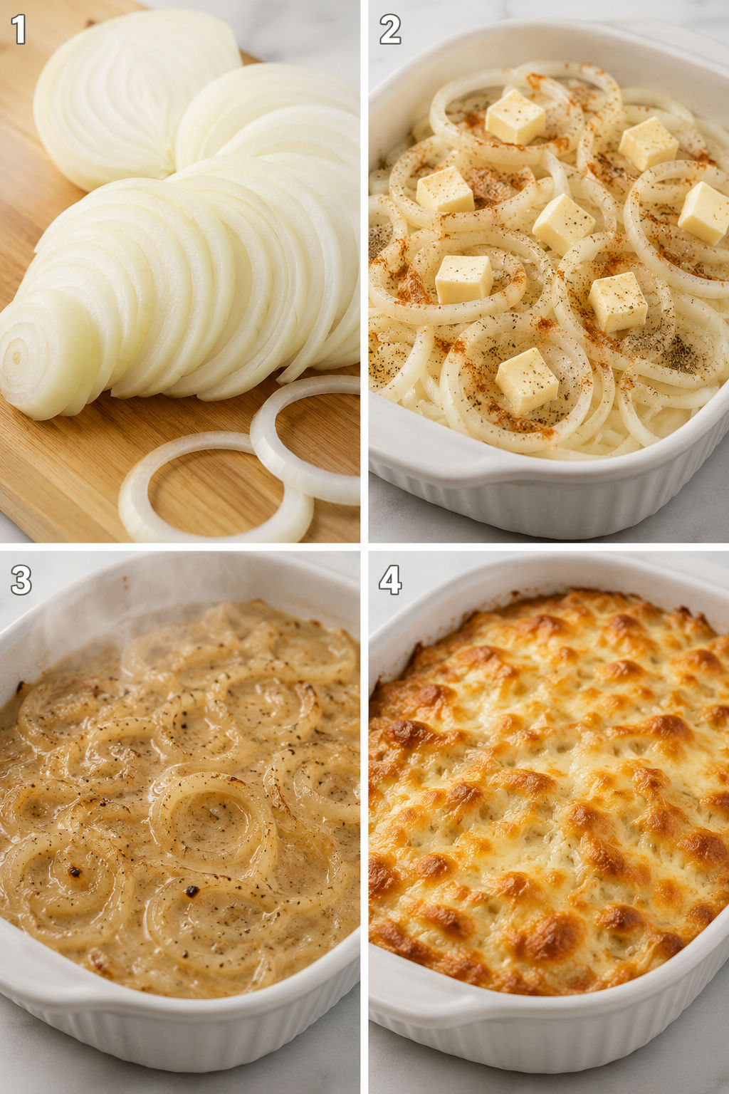 Four steps for making Tennessee Onions from slicing to melted cheese