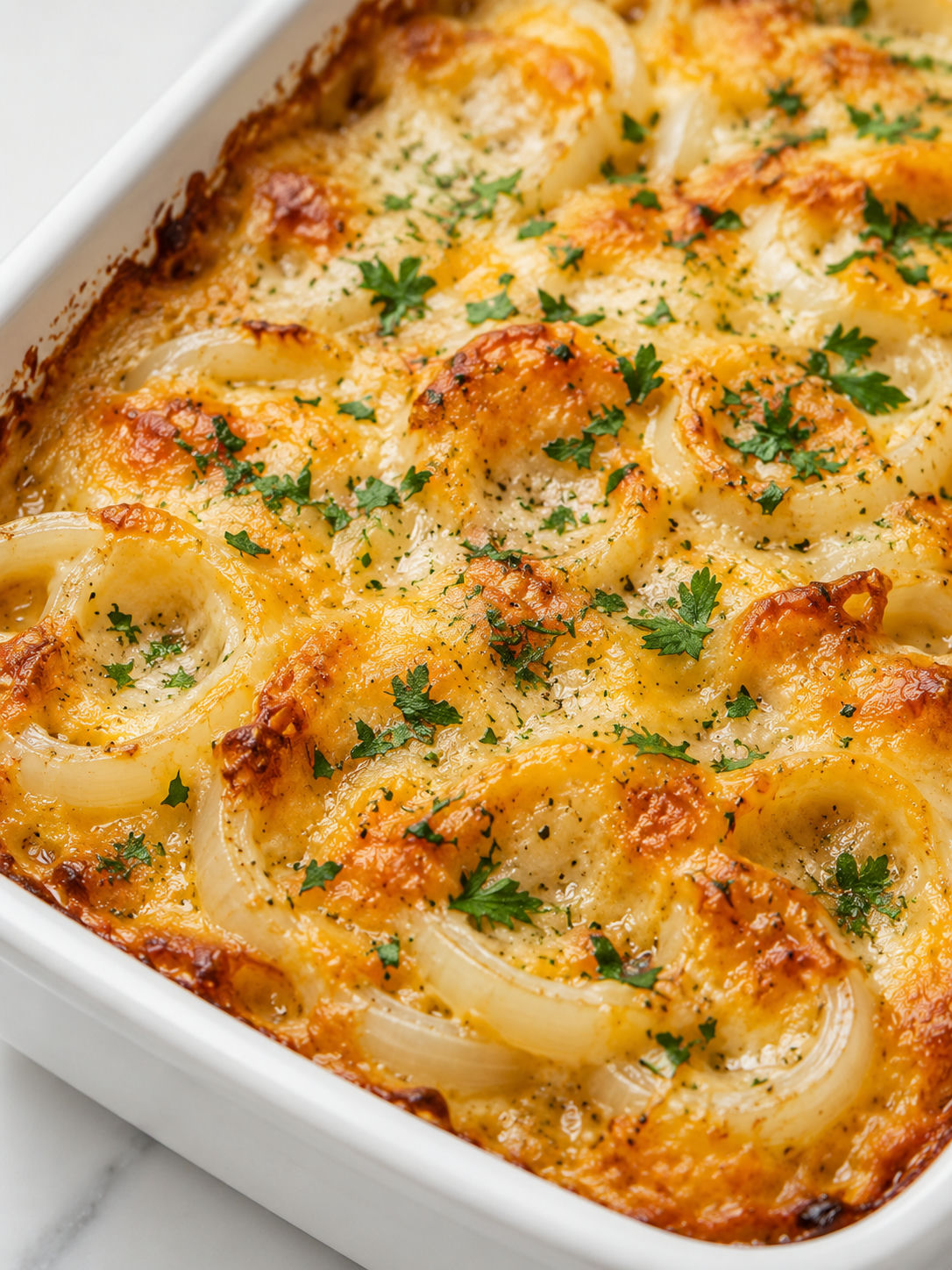 Bubbly Tennessee Onions with golden cheese and parsley in a casserole dish