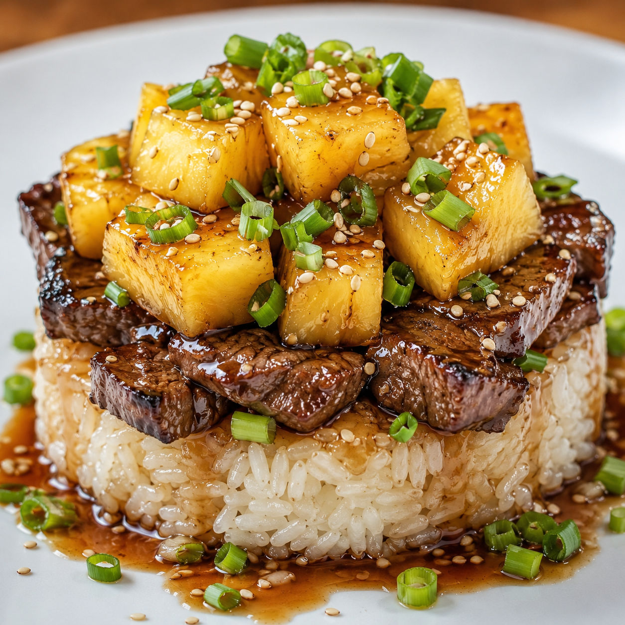 Teriyaki beef rice stack with pineapple, scallions, and sesame seeds