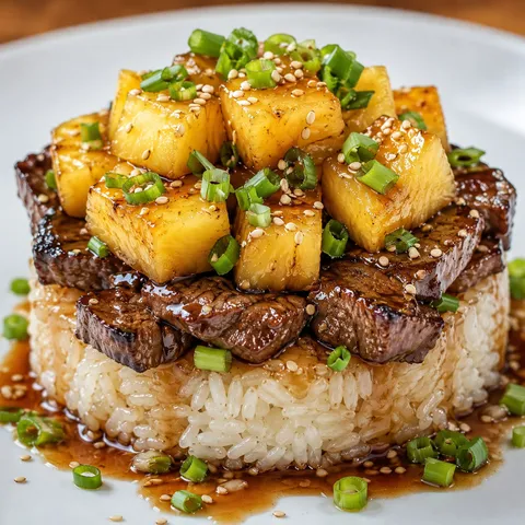 Teriyaki beef rice stack with pineapple, scallions, and sesame seeds