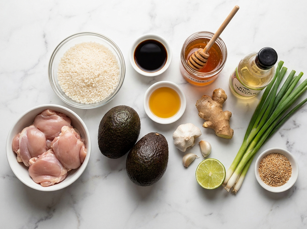 Raw ingredients for teriyaki chicken avocado rice stack arranged on a marble surface