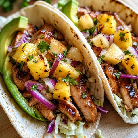 Teriyaki chicken tacos with grilled pineapple pear salsa, cabbage, and avocado on a wooden surface