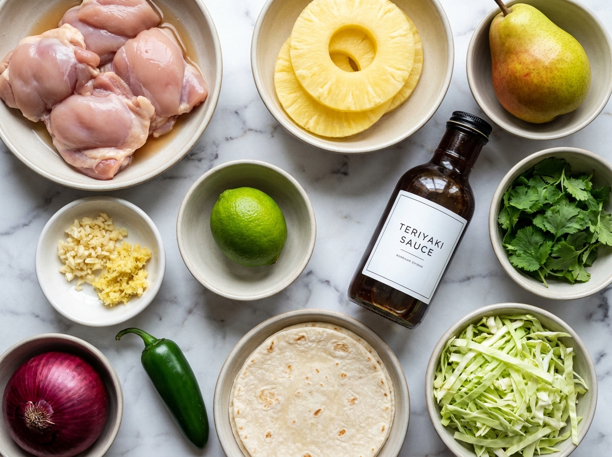Raw ingredients for teriyaki chicken tacos including chicken thighs, pineapple, pear, and teriyaki sauce
