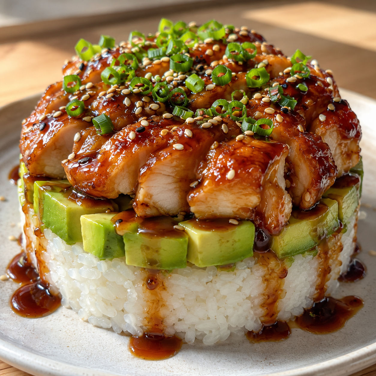 Teriyaki chicken avocado rice stack with sesame seeds and green onion on a ceramic plate