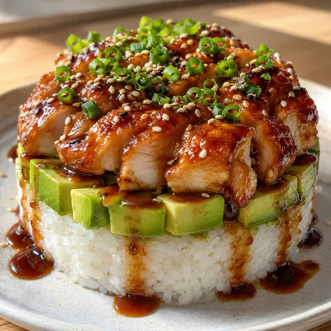 Teriyaki chicken avocado rice stack with sesame seeds and green onion on a ceramic plate