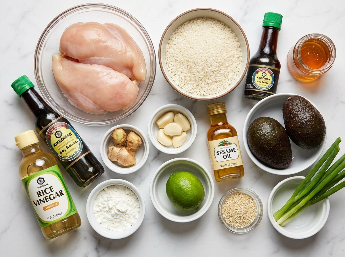 Raw ingredients for teriyaki chicken avocado rice stacks on a wooden counter