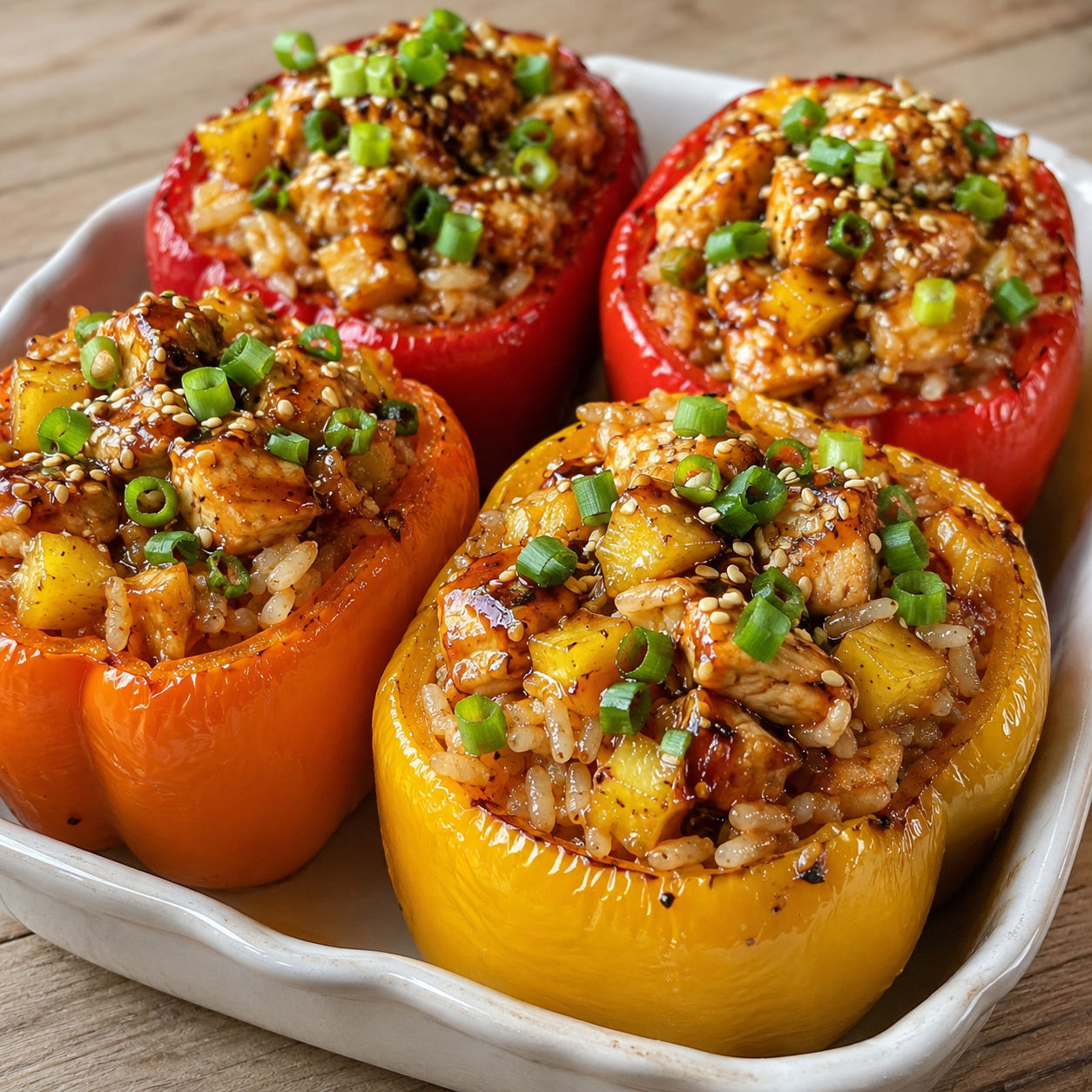 Teriyaki pineapple chicken rice stuffed peppers with green onions and sesame