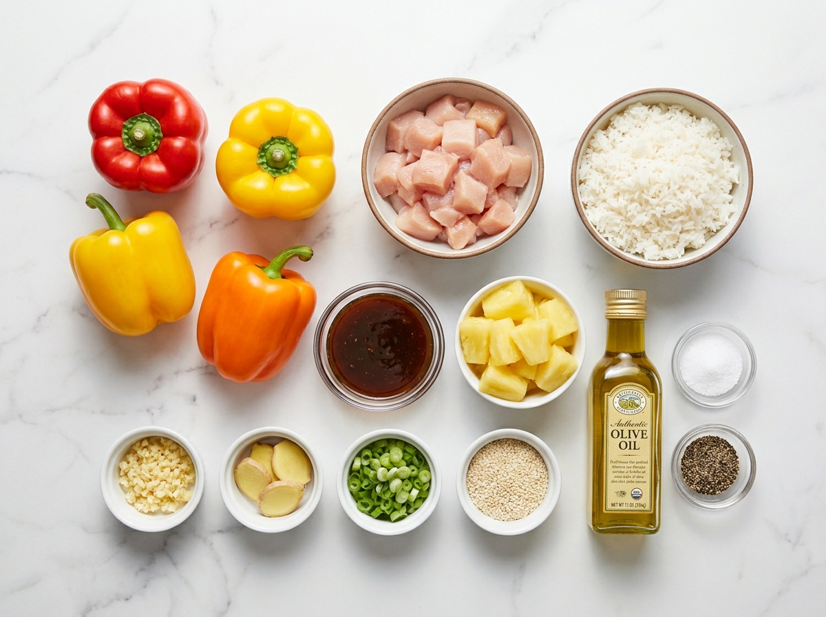Ingredients for teriyaki pineapple chicken stuffed bell peppers