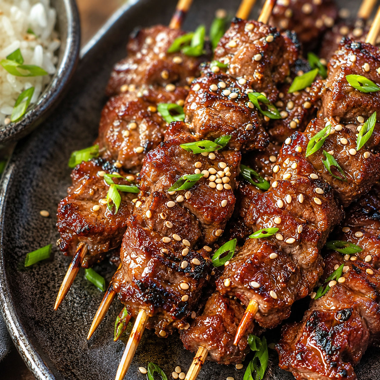 Teriyaki sesame beef skewers with toasted sesame and green onions