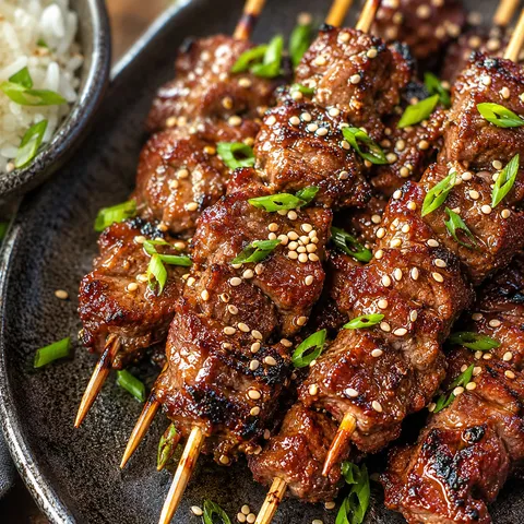 Teriyaki sesame beef skewers with toasted sesame and green onions