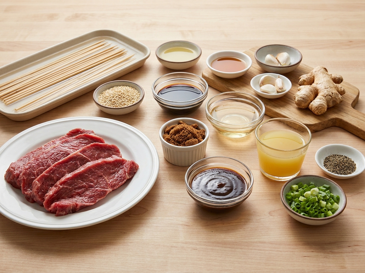 Ingredients for teriyaki sesame beef skewers on a wooden surface