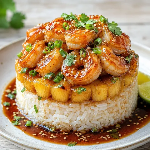 Teriyaki shrimp pineapple rice stack with cilantro, sesame, and lime