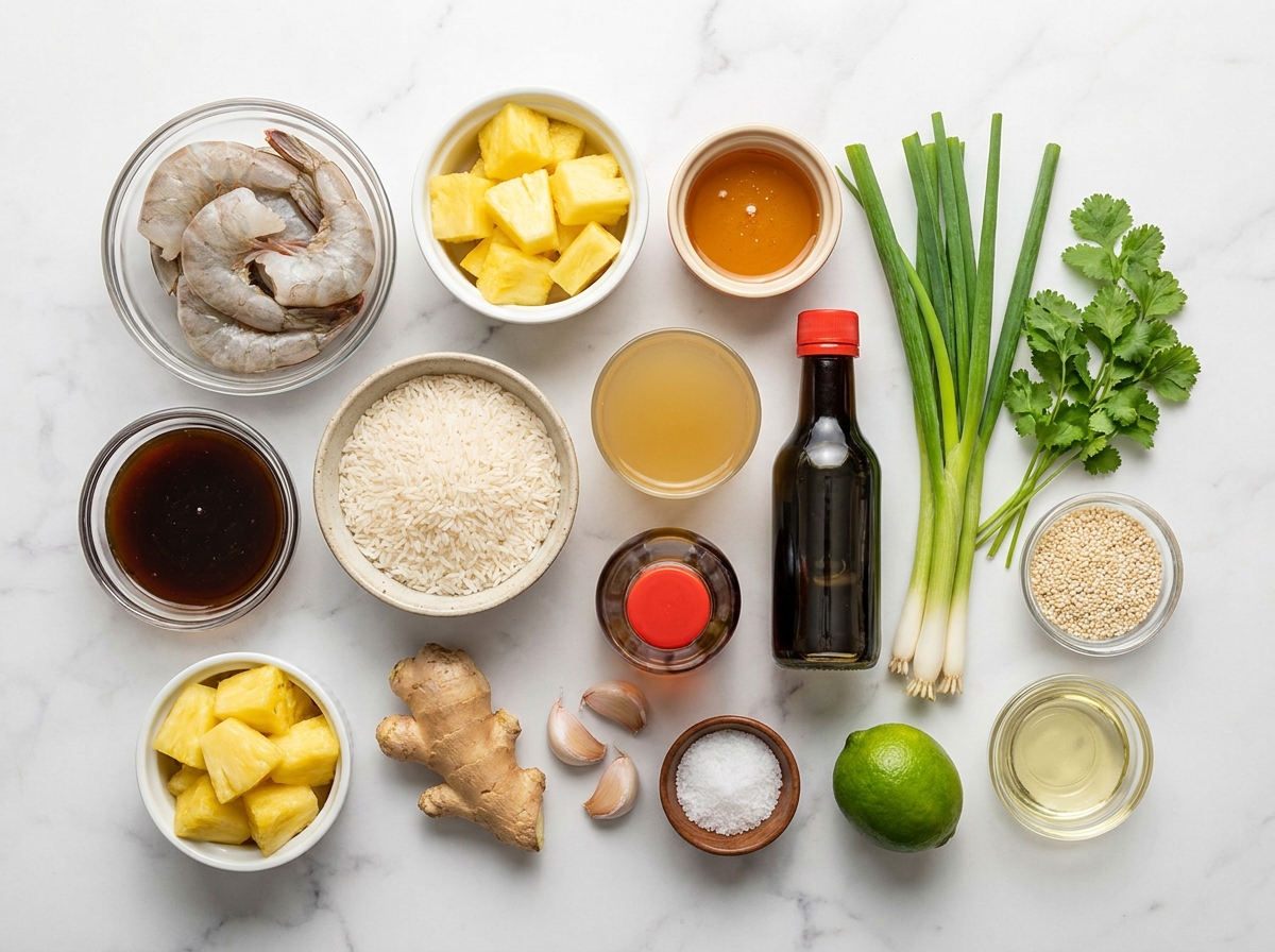 Ingredients for teriyaki shrimp pineapple rice with rice, herbs, and lime
