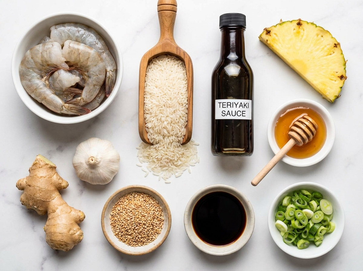 Raw ingredients for teriyaki shrimp and pineapple rice stack on a wooden board