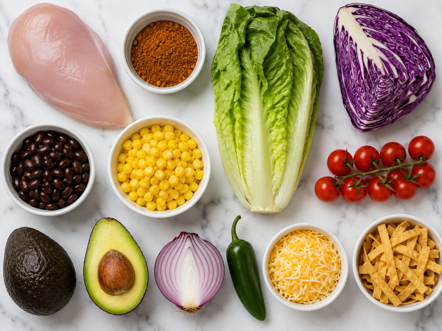 Raw ingredients for Tex-Mex taco chicken chopped salad on a wooden board