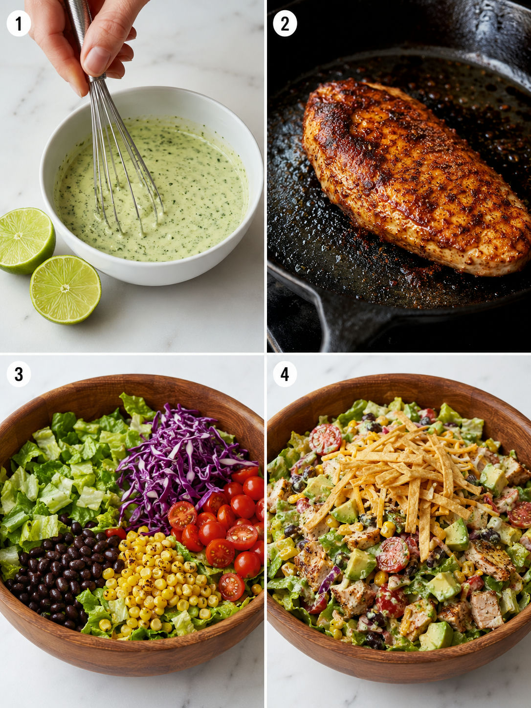 Four-step process of making Tex-Mex taco chicken chopped salad from dressing to final assembly