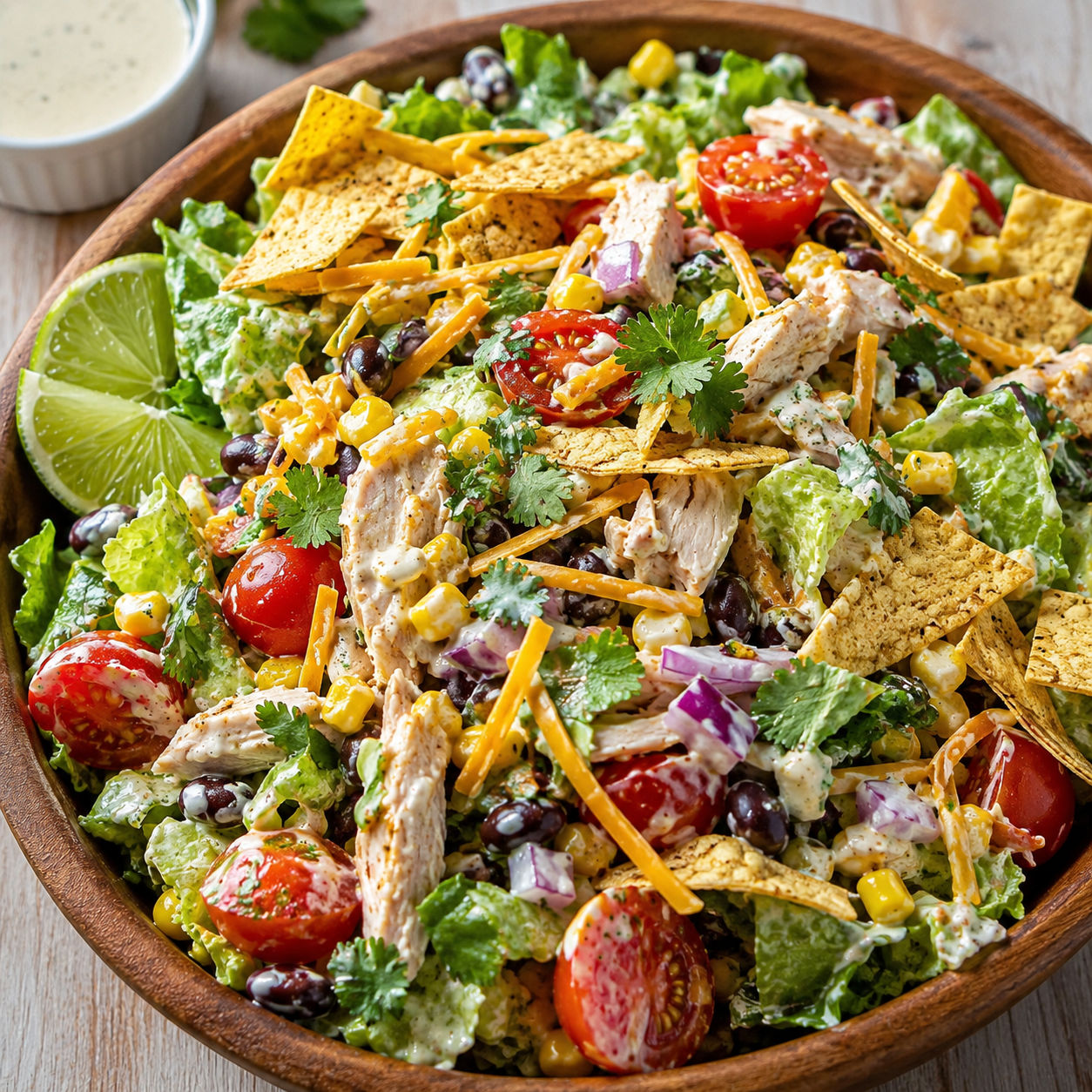 Tex Mex chicken taco salad with ranch, beans, corn, cheese, and tortilla strips