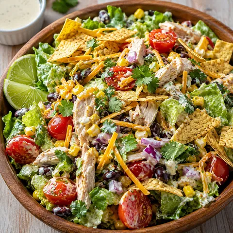 Tex Mex chicken taco salad with ranch, beans, corn, cheese, and tortilla strips