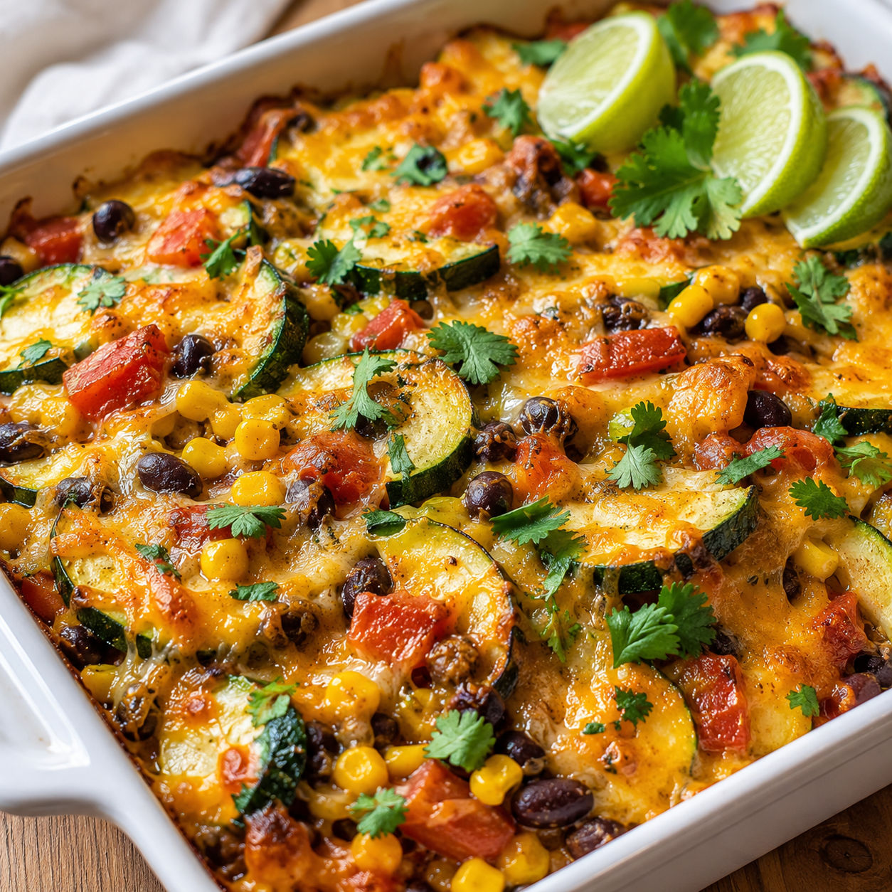 Tex-Mex zucchini bake with black beans, corn, melted cheese, cilantro, and lime