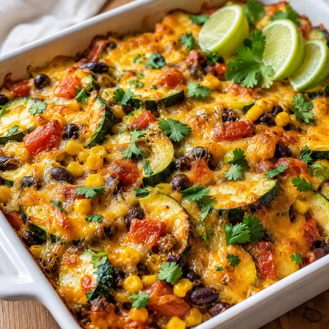 Tex-Mex zucchini bake with black beans, corn, melted cheese, cilantro, and lime
