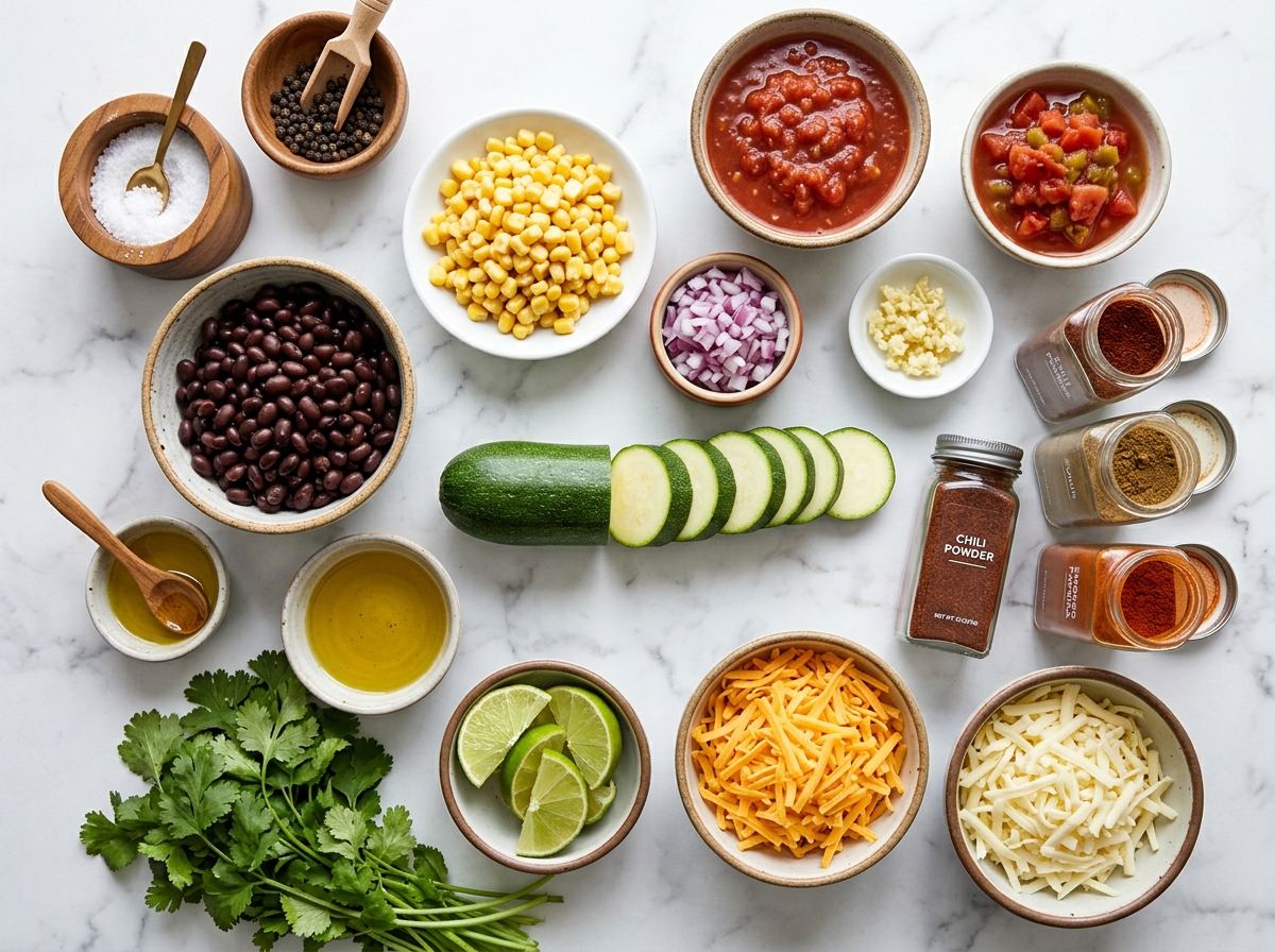 Zucchini, black beans, corn, salsa, cheese, spices, cilantro, and lime