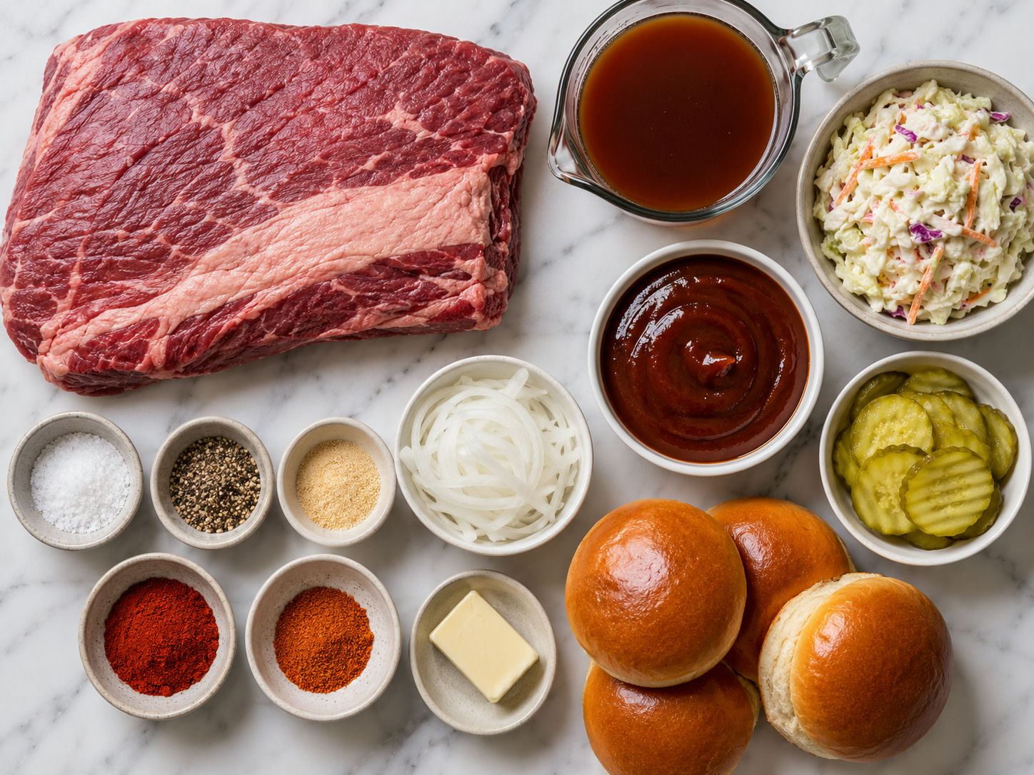 Raw ingredients for Texas brisket sandwiches on a wooden surface