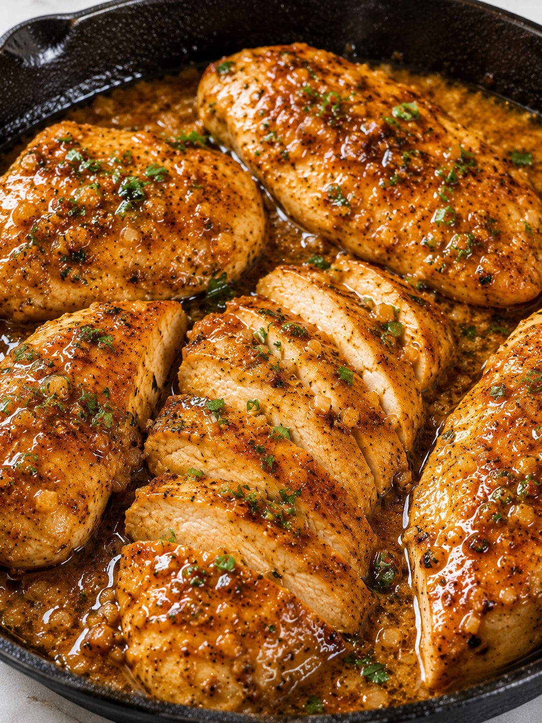 Honey butter chicken skillet with glossy garlic sauce and herbs