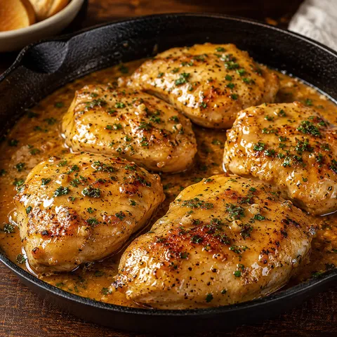 Golden honey butter chicken in a cast iron skillet with parsley
