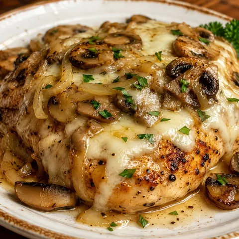 Smothered chicken with mushrooms, onions, melted Jack cheese, and parsley