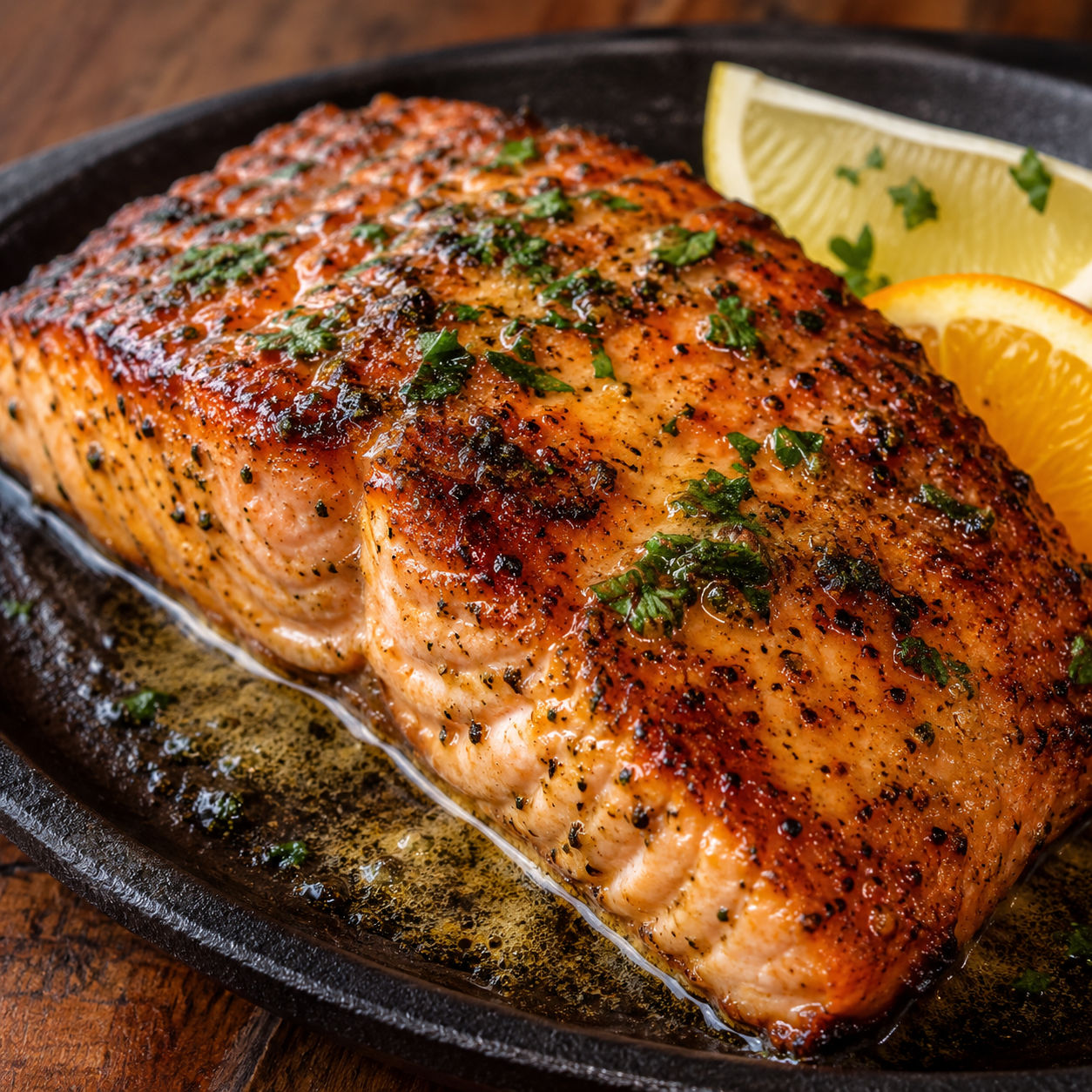 Citrus spice salmon with parsley, lemon, and orange on a cast iron platter