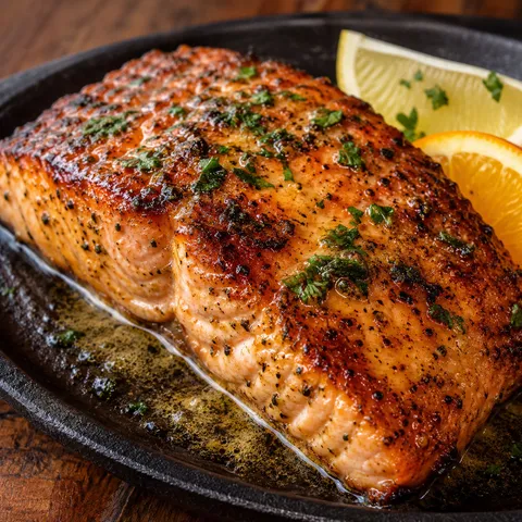 Citrus spice salmon with parsley, lemon, and orange on a cast iron platter