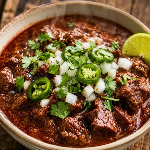 Texas Style Chili with beef chunks, jalapenos, onion, and cilantro